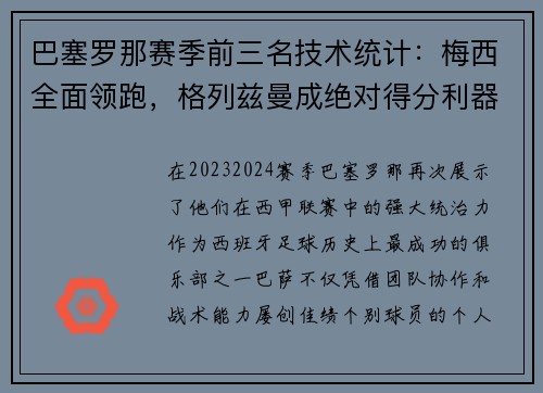 巴塞罗那赛季前三名技术统计：梅西全面领跑，格列兹曼成绝对得分利器