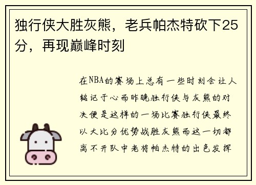 独行侠大胜灰熊，老兵帕杰特砍下25分，再现巅峰时刻