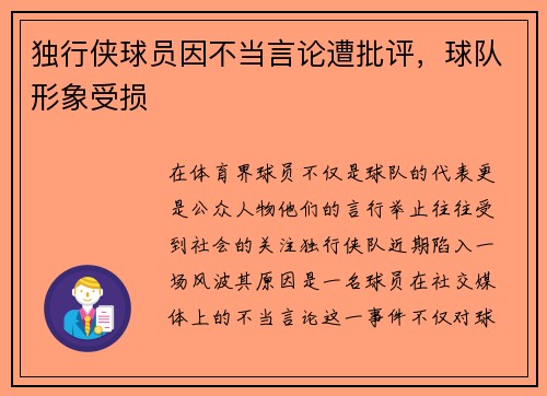 独行侠球员因不当言论遭批评，球队形象受损