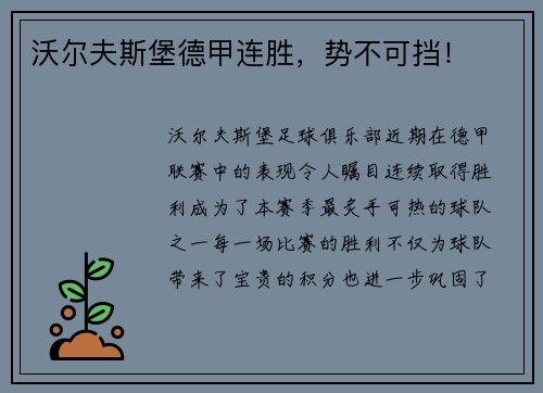沃尔夫斯堡德甲连胜，势不可挡！