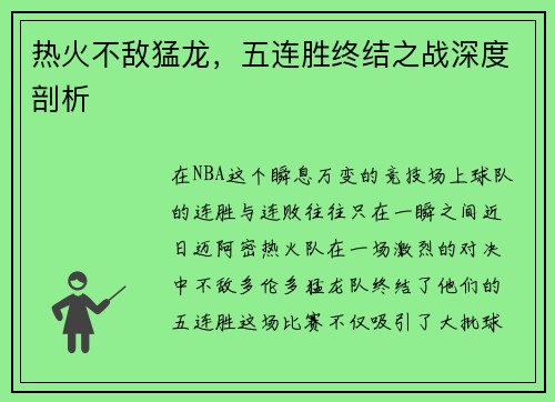 热火不敌猛龙，五连胜终结之战深度剖析