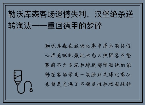 勒沃库森客场遗憾失利，汉堡绝杀逆转淘汰——重回德甲的梦碎