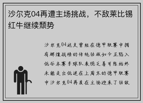 沙尔克04再遭主场挑战，不敌莱比锡红牛继续颓势