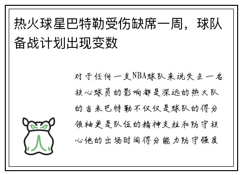热火球星巴特勒受伤缺席一周，球队备战计划出现变数