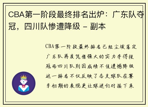 CBA第一阶段最终排名出炉：广东队夺冠，四川队惨遭降级 - 副本