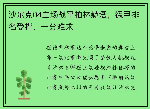 沙尔克04主场战平柏林赫塔，德甲排名受挫，一分难求