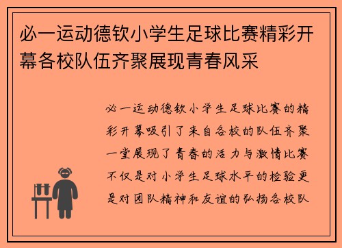 必一运动德钦小学生足球比赛精彩开幕各校队伍齐聚展现青春风采