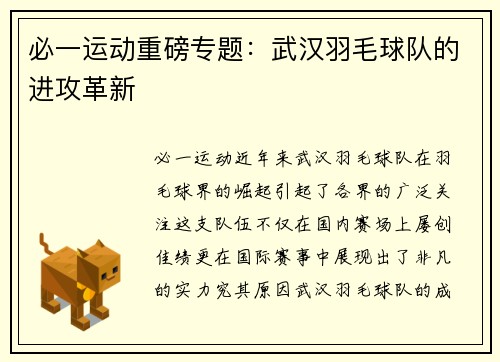 必一运动重磅专题：武汉羽毛球队的进攻革新