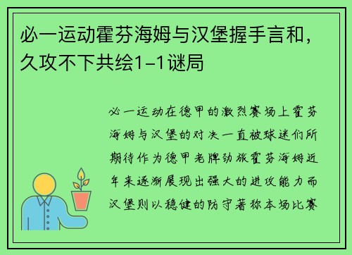 必一运动霍芬海姆与汉堡握手言和，久攻不下共绘1-1谜局